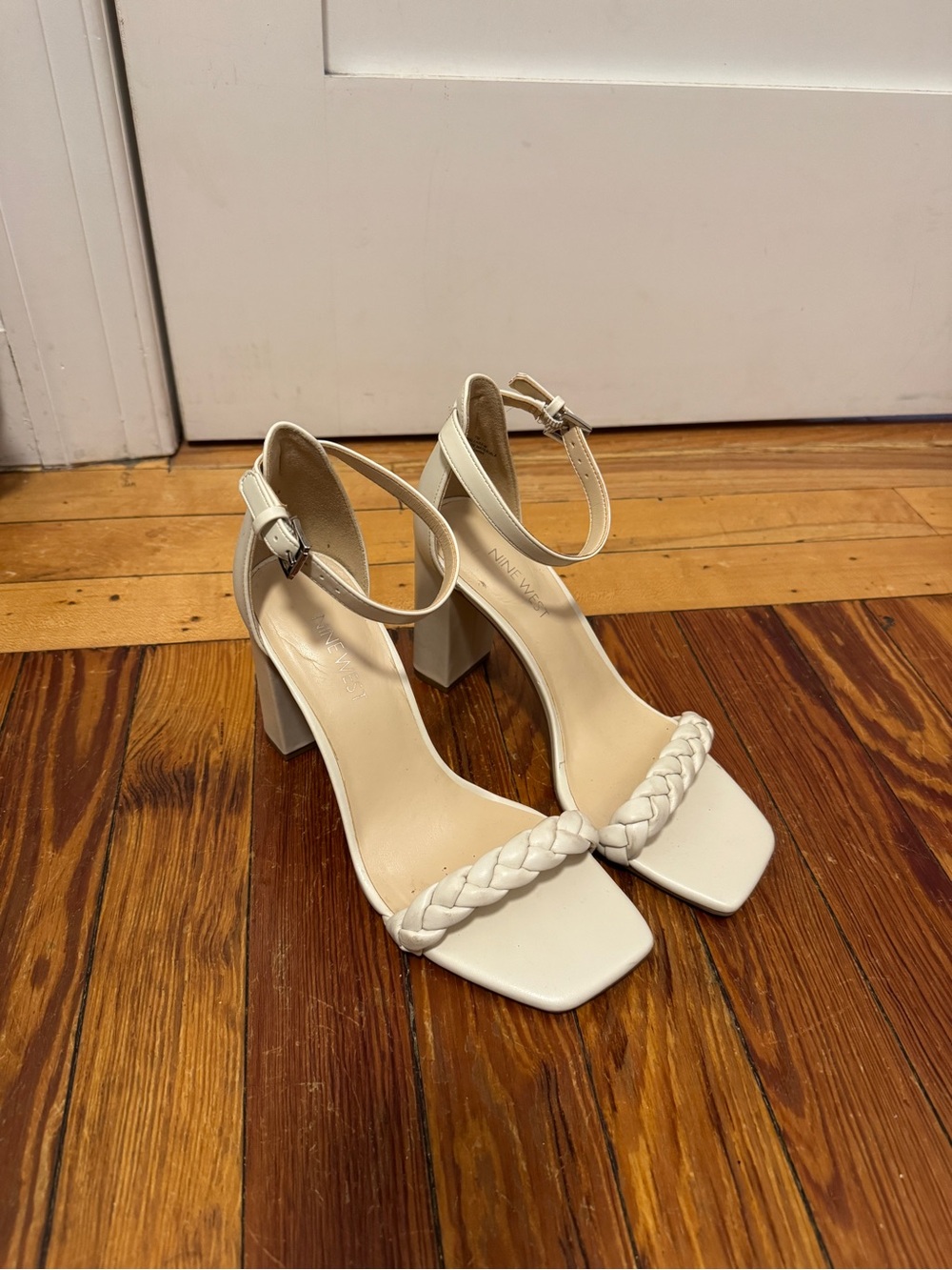 Nine West Cream Braided Strap Block Heel Sandals